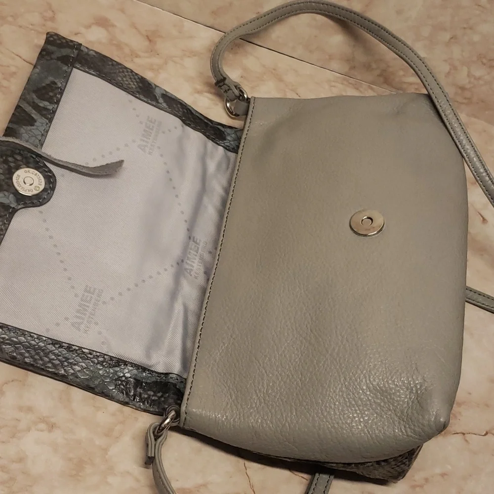 Aimee Kensterbeg gray and snake green and black skin print small crossbody bag
